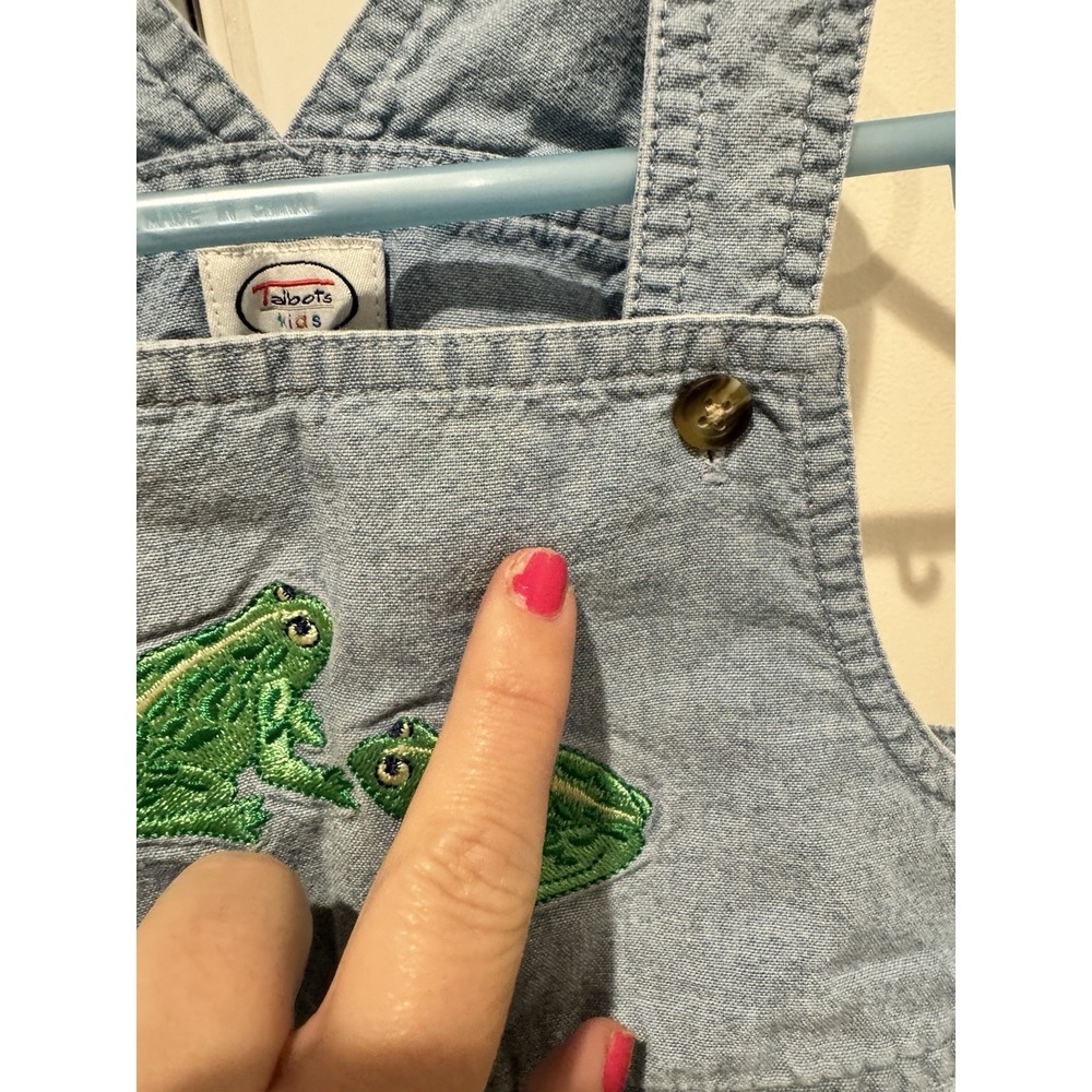 Vintage Talbots Kids Embroidered Green Frog Denim Overalls Shortalls Unisex 24m - Picture 2 of 9